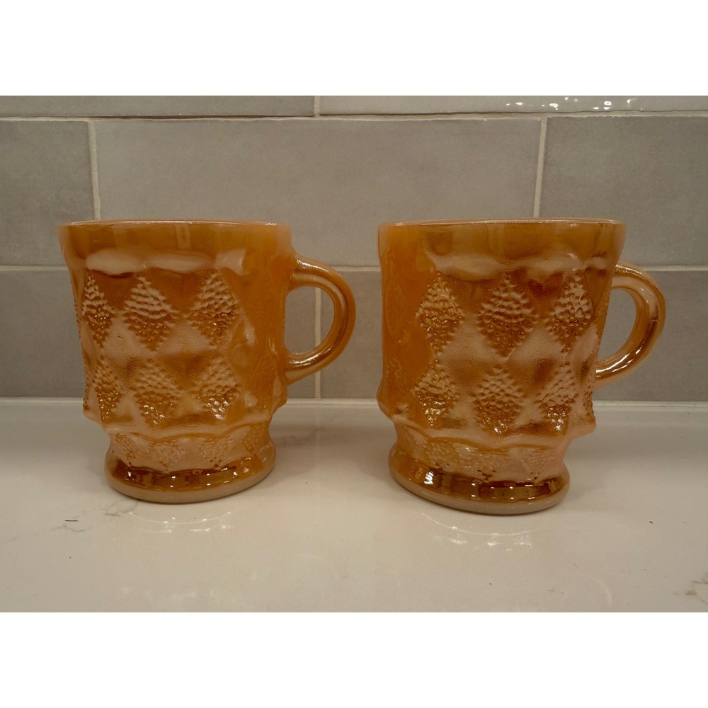 Anchor Hocking Fire-King Kimberly Coffee Mugs‎ Set 2 Peach Luster Milk Glass Vtg